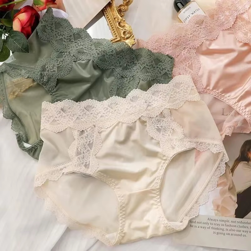 Lace Sexy Panties Underwear Lingerie French Romantic Summer Lace Panties Thin Girls Briefs Gather Belly Ice Satin Silk Lift For Women Hip Mesh Floral 