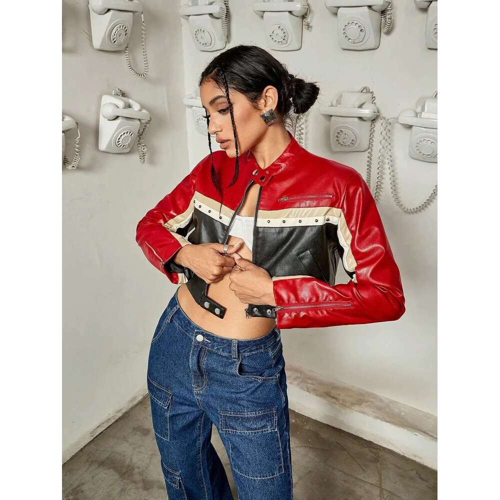 Women Fashion Punk Bikercor Colorblock Zipper Studded Detail Crop PU Leather Moto Jacket Y2k Short Outerwear For Female