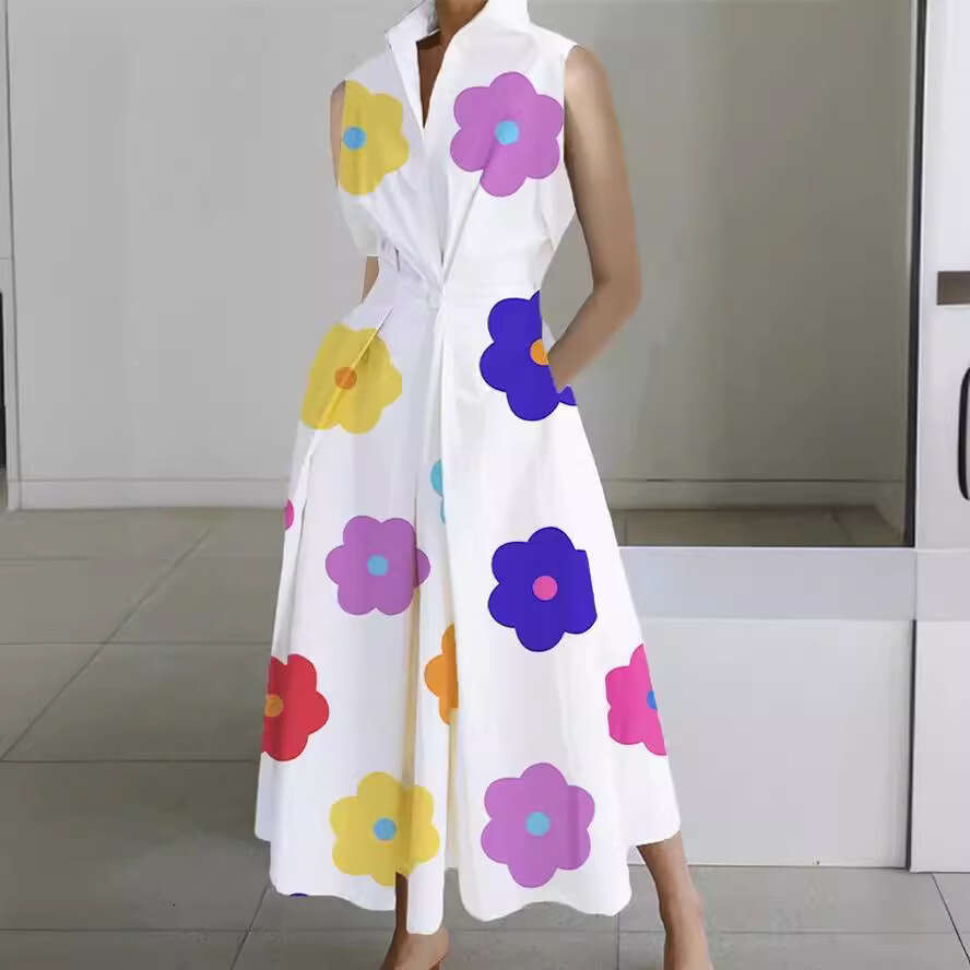 White Dress Maxi Dress 2024 Summer New Commuter Fashion Wave Dot V-Neck Women's Button Fishtail Dress KQ