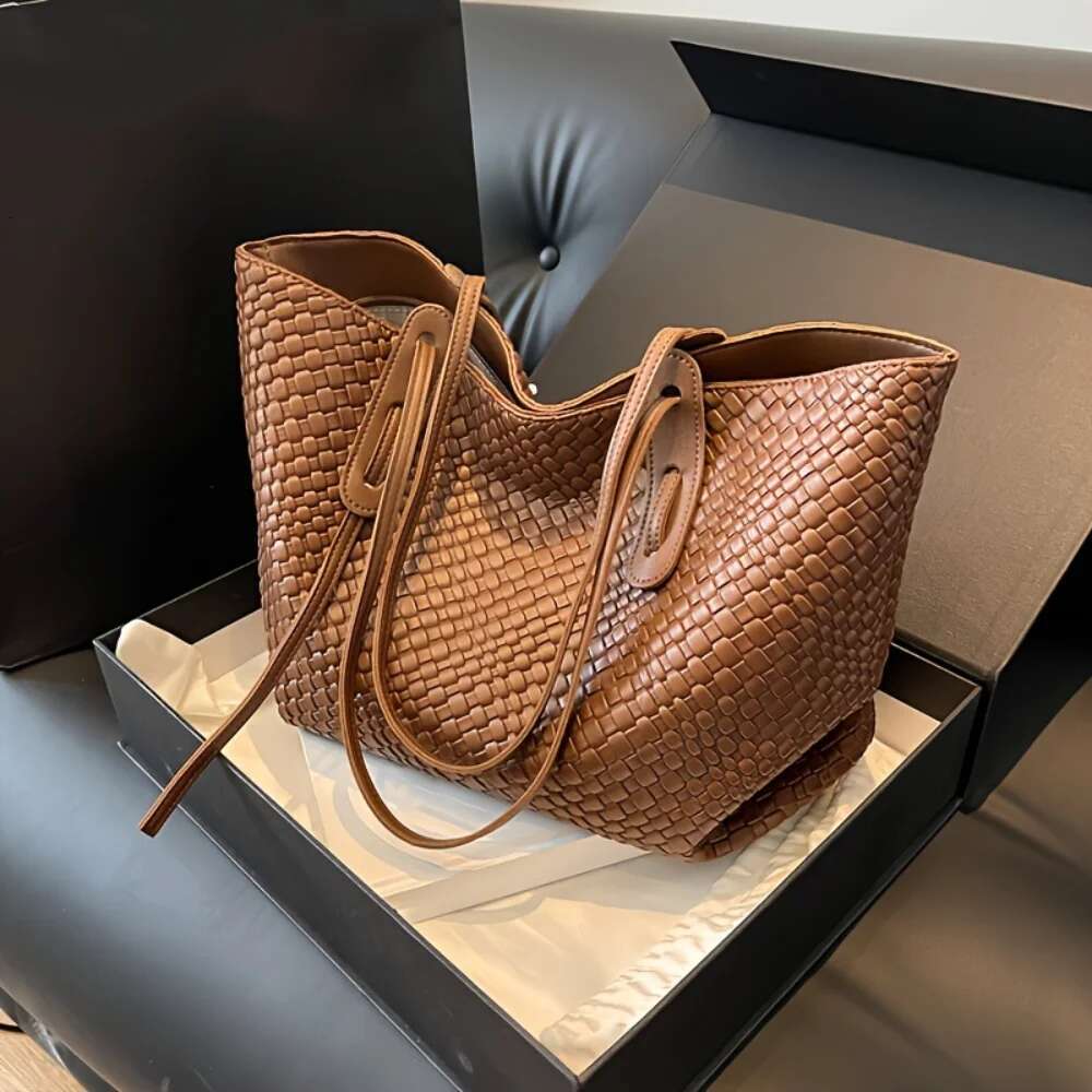 Large PU Leather Tote Bag Spacious, Durable Versatile Ideal For Commuting Shopping - Trendy Woven Design & Comfortable S