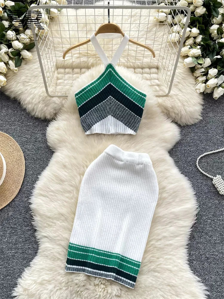 SINGREINY Contrasting Knitting Two Pieces Suits Women Summer Halter Sleeveless TopElastic Waist Skirt Fashion Casual 2pcs Set 250515