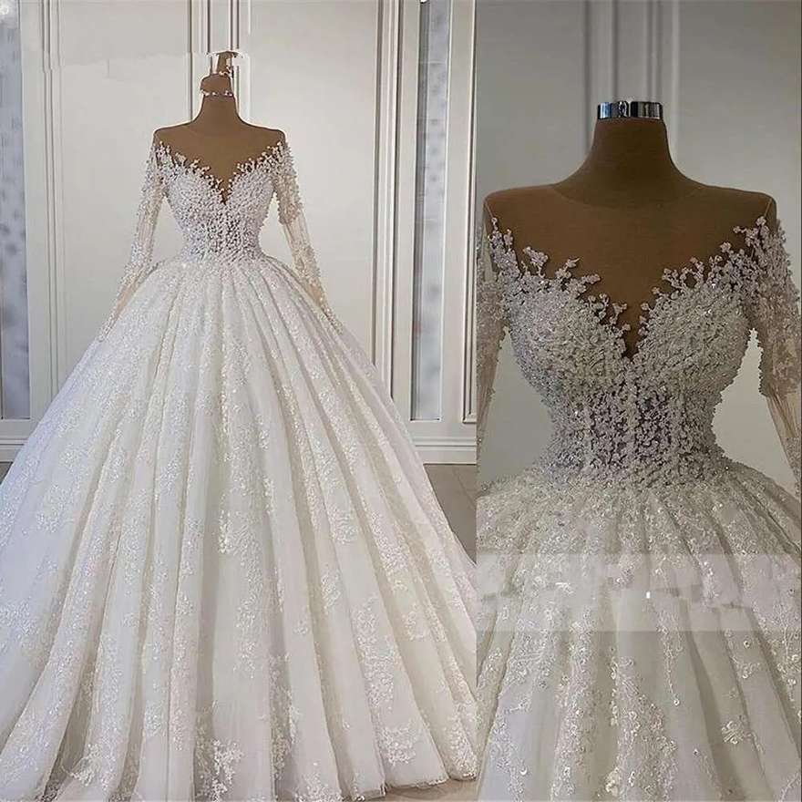 Real Photo Lace Appliques Ball gown Wedding Dresses Sweep Train Illsion Long Sleeves Robes De Mariage Plus Size Bridal Gowns
