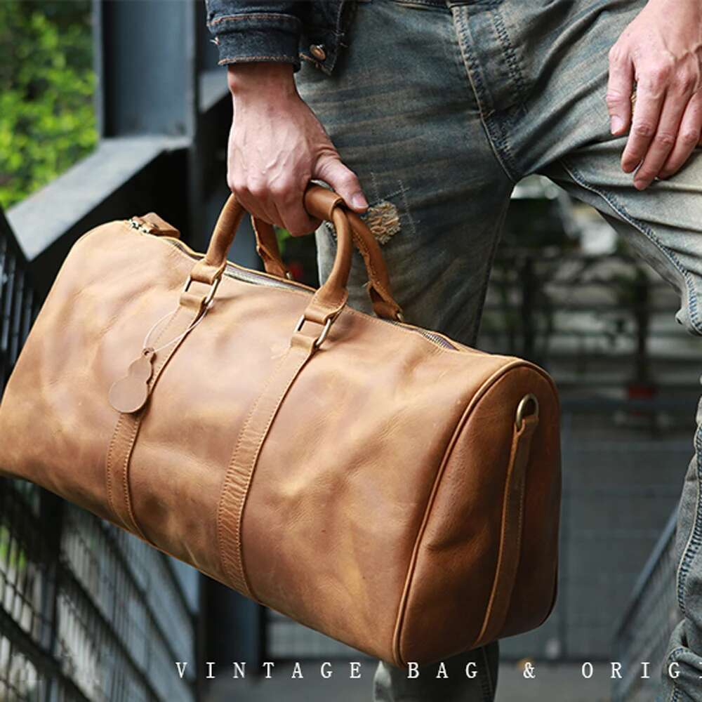 Geunine Leather Vintage Men's Hand Lage Travel Bag Large Capacity Single Shoulder Messenger Boston Bag For 17 Inch Laptop