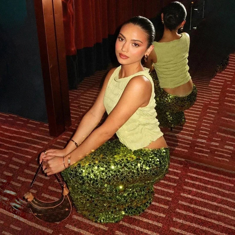 Party Green Shiny Skirts For Women High Waist Fashion Sequin Patchwork Long Femme Trendy Skirt Clubwear 250515