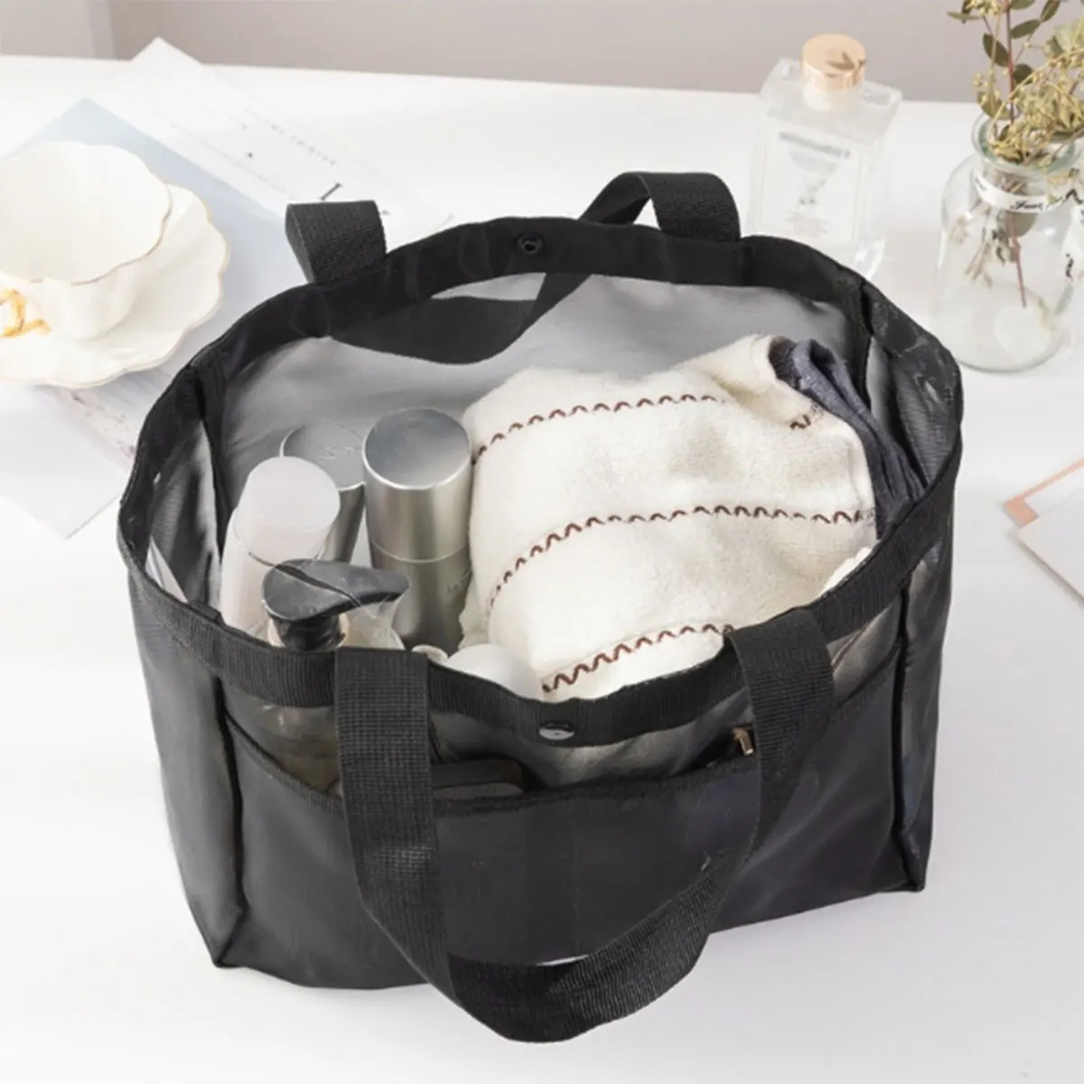 Solid color gauze handbag transparent storage bag shoulder bag beach bag Large capacity mall transparent net shopping bag one pa 250515