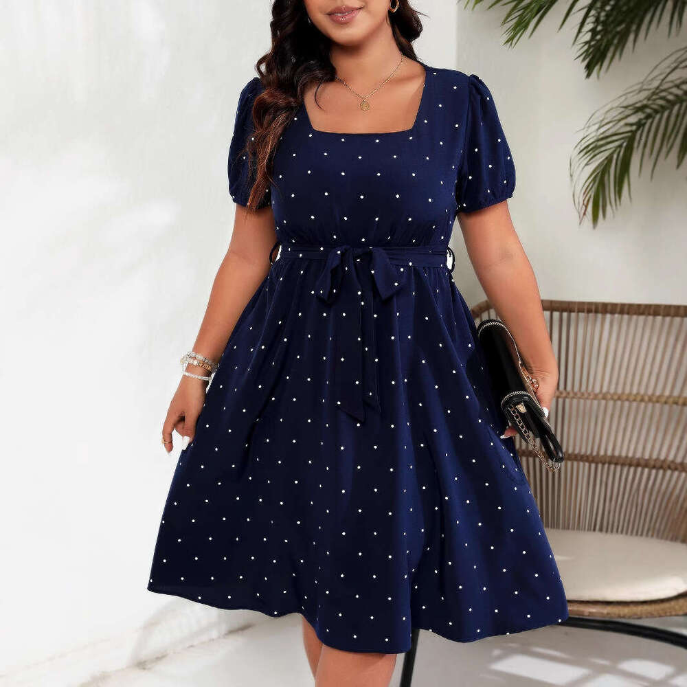 Plus Size Dresses for Woman Elegant June Dresses Party Womandress Vestido Large Size Womens Elegant Polka Dot Waist Cinched Lace Up Square Neck Big Sw