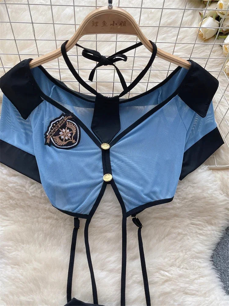 Tornova Preppy Style Sexy Uniform Sets For Women V Neck Sheer TopLace Up Mini SkirtThongs Hollow Out Cosplay Porn Suits 250515
