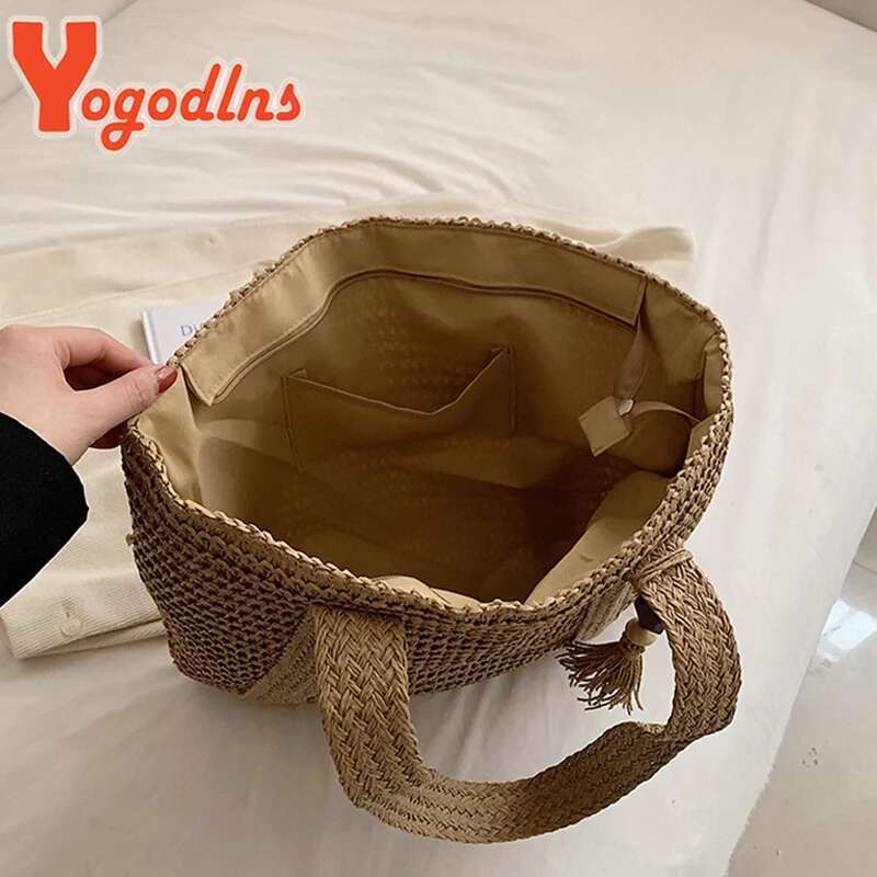 Design Straw Woven Tote Bag Summer Casual Large Capacity Tassel Handbags Fashion Beach Women Travel Shoulder Bag