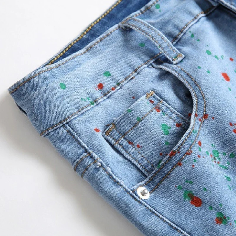 Mens Ripped Straight Denim Shorts Graffiti Jeans Fashion Spray Personalized Holes Short HipHop Streetwear 250515