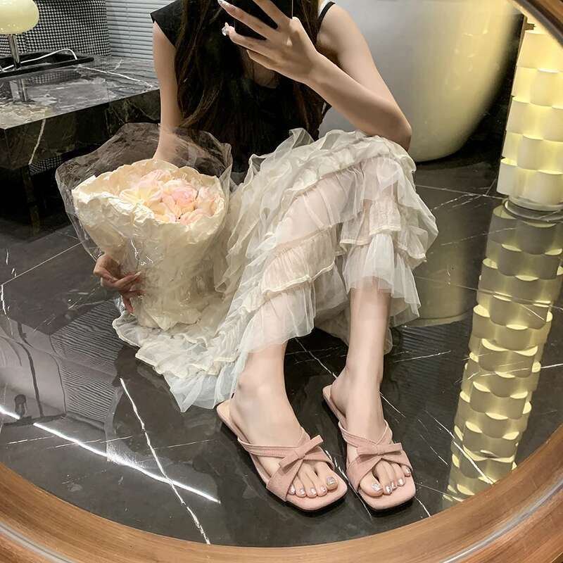 2025 Summer Thick Low Heel Women Slippers Casual Butterfly-knot Square Toe Slides Ladies Dress Street Style Sandalias