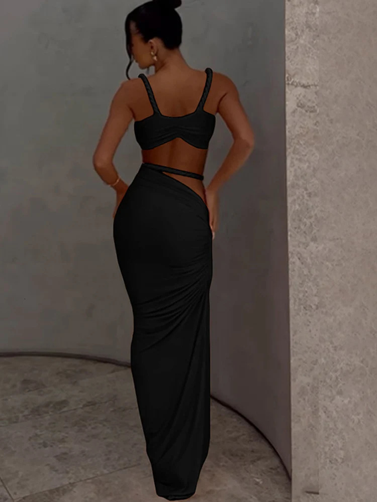 Beyprern Making Ice Skirt Set Women Ruched TwoPiece Dress Summer Orange Bandage Maxi Vacation Outfits Clubwear 250515
