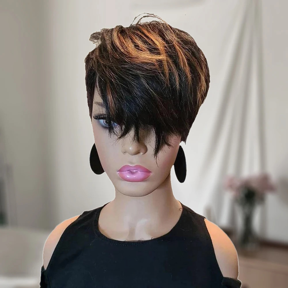 Short Pixie Cut Wig Human Hair with Bangs for Black Women 150% Density Brazilian Remy Hair Easy to Wear Short Machine Made Wig 250512