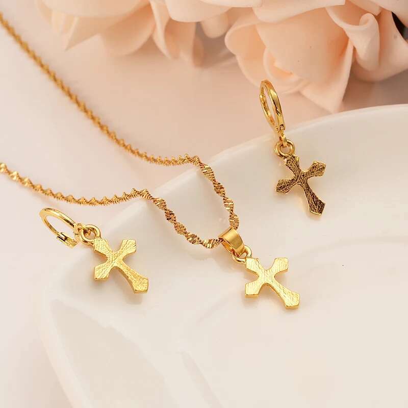 Color Jesus Cross Pendant Necklace Earrings Jewelry Gold Christian Jewelry Sets For Women Girl Gifts