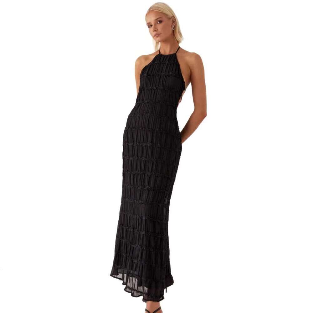 2025 Spring/Summer Women's Sexy and Fashionable Hanging Neck Strap, Folded Lace, Vacation Style, Long Dress