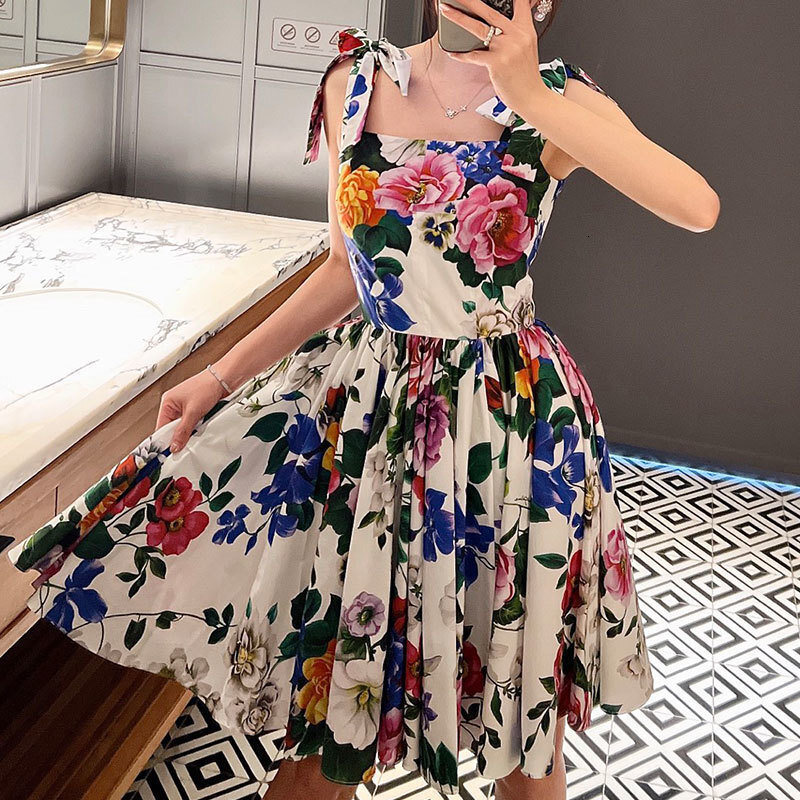 Summer Women's Flower Print Cotton Mini Dresses Designer Fashion Square Neckline Adjustable Straps Waist Up Pleated Vestdios Trendy High-Quality 