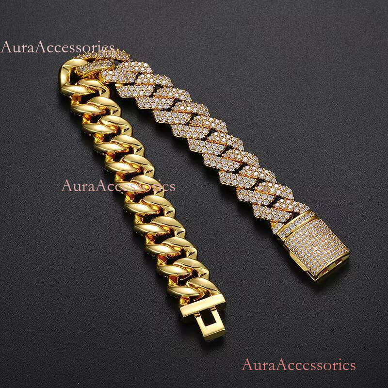 New Arrival Bileklik Hip Hop Jewelry Fashion Anklet 15mm Gold Plated Copper 2 Rows 5A CZ Stone Miami Cuban Link Chain Bracelet