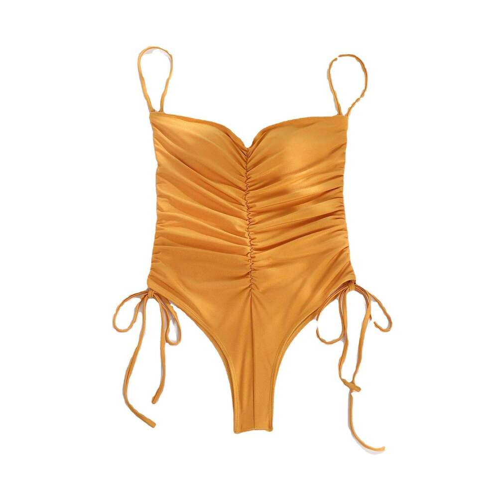 2025 European and American drawstring one-piece swimsuit women's solid pleated sexy suspender bikini 21059 ten color new style chic elegant cloth