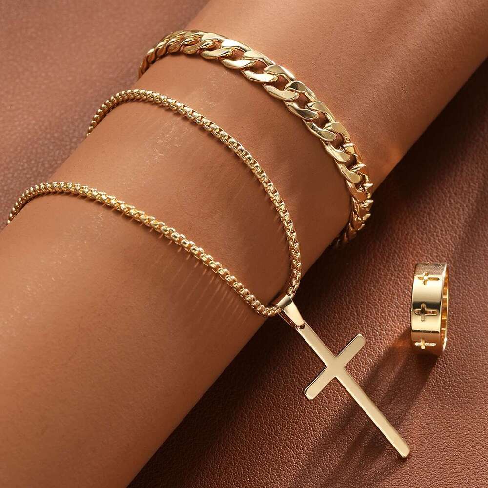 3 Pcs Men's Stainless Steel Jewelry Sets Gothic Hip Hop Style With Cross Pendant Necklace Ring Bracelet Set Fashion Simple Gifts