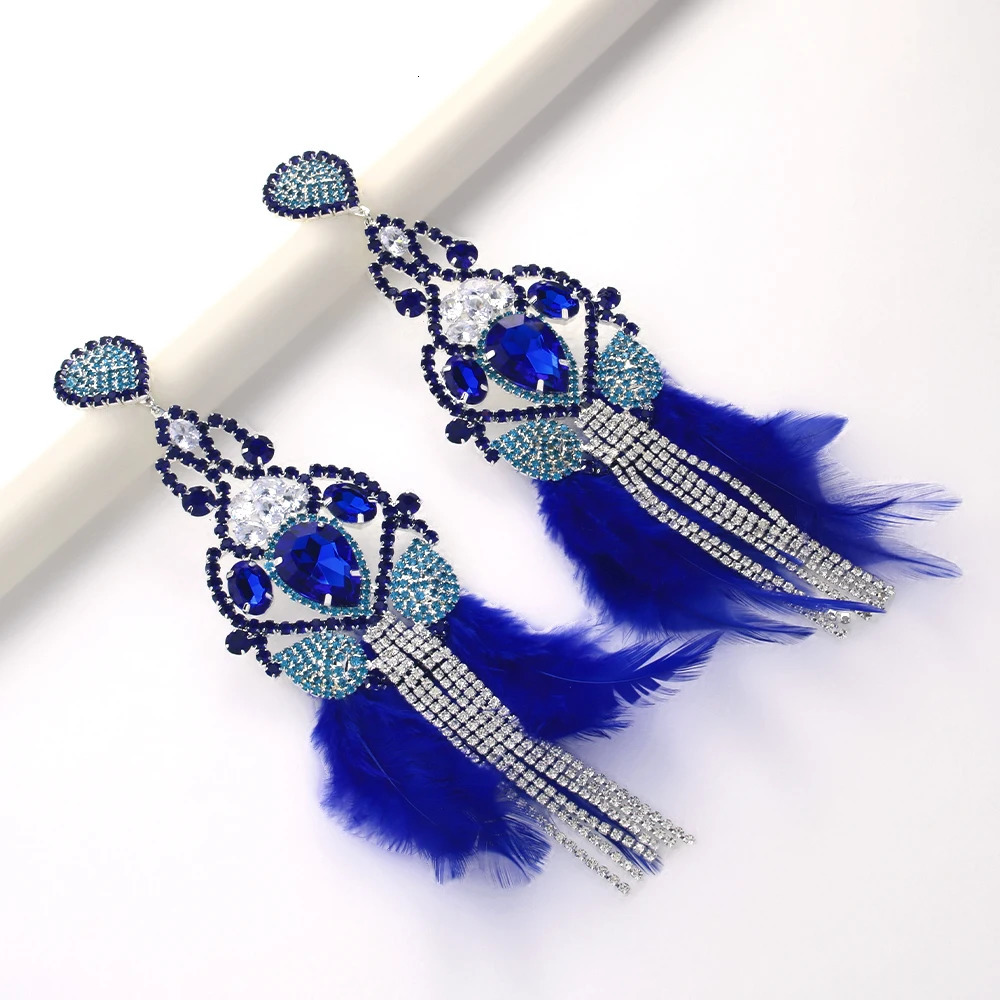 Boho Blue Feather Tassel Earrings Dangle Woman Accessories Nightclub Sparkly Exaggerate Rhinestone Earrings Prom Jewelry 250514