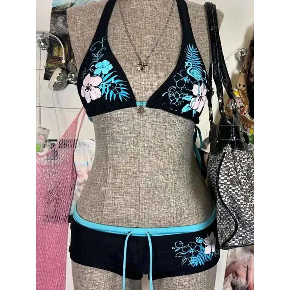 UETEEY 2025 New Summer Swimwear Bikinis Sexy Print Laced Up Backless 2 Piece Set Women Split Swimsuit Beach Bikini