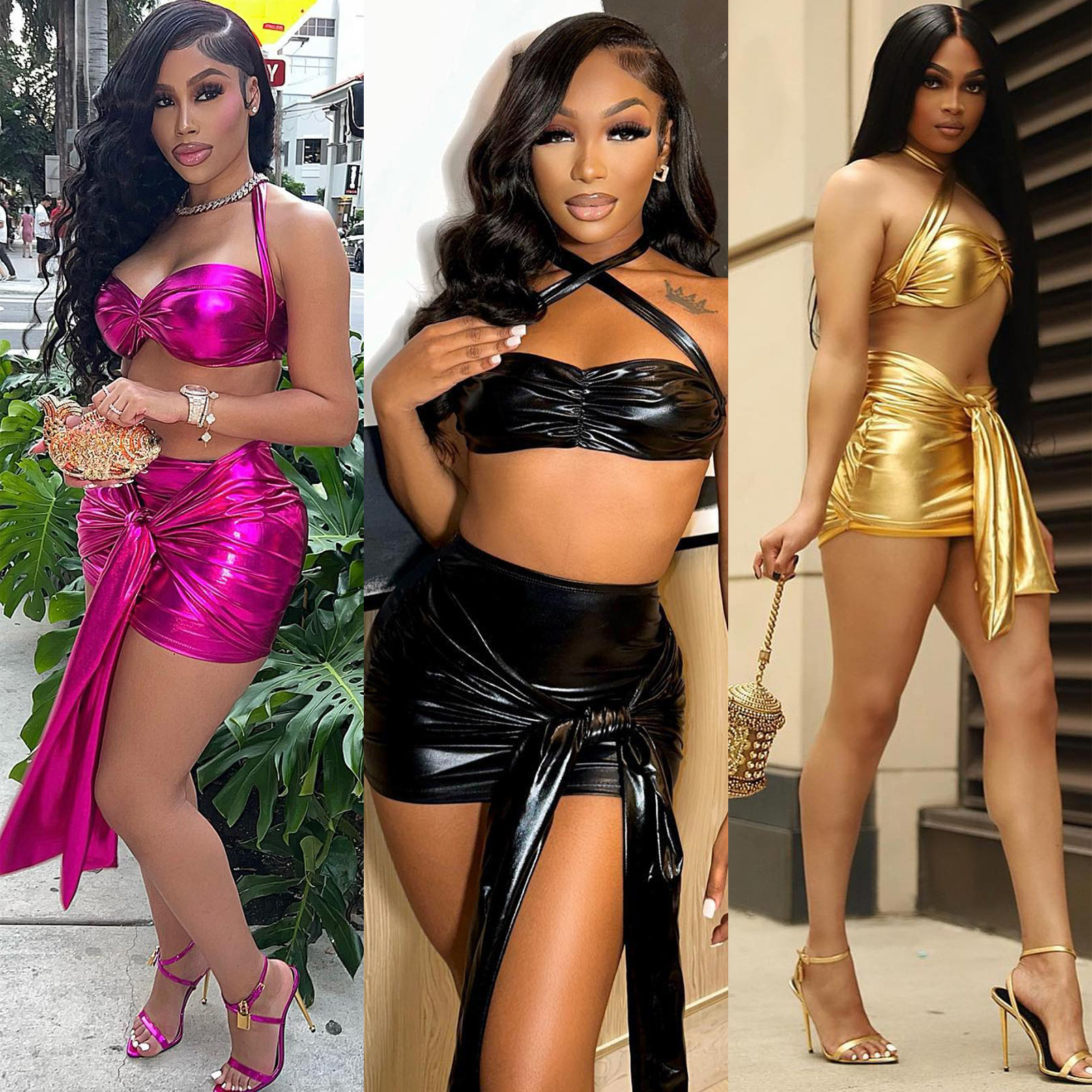 Hr8226 fashion womens lace up sexy night club style bronzing Elastic Leather Two Piece Set