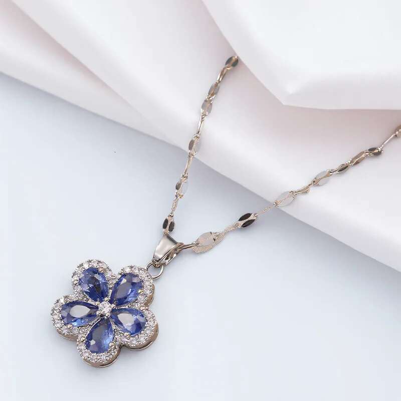Blue Stone Cherry Flower Pendant Stud Earrings For Women Bridal Wedding Party Zircon Clavicle Necklace Jewelry Sets