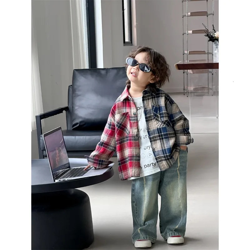 Boy Korean Children Clothing Soft Autumn Collection Red Blue Color Blocked Checkered Shirt Pure Cotton Blouses Outerwear 250515