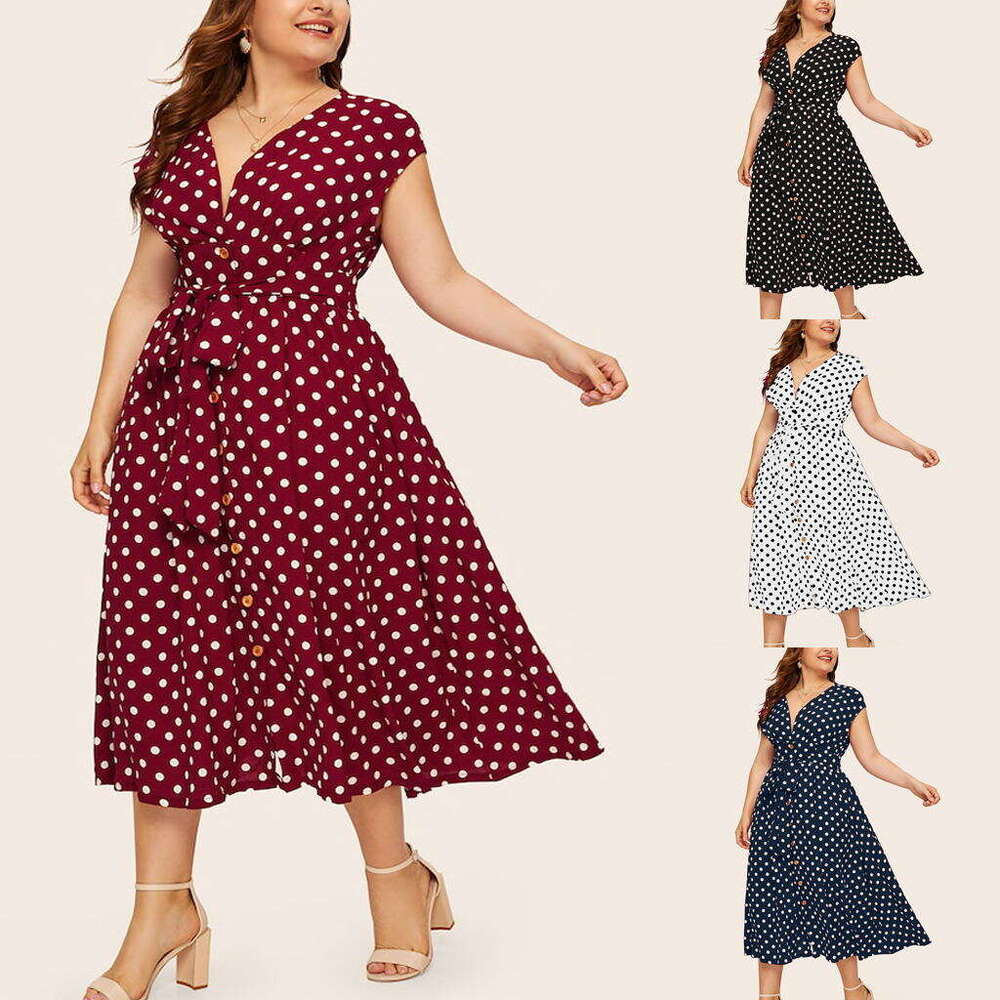 Plus Size Whitedress Vestido De Mujer Women Dresses Womens Dresses New Womens Oversized Polka Dot Dress with Button Up Strap and Waist Cinching V-neck
