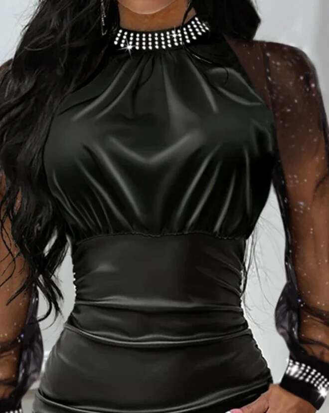 Sexy Dressses For Women 2023 Fashion Casual Rhinestone Sheer Mesh Mock Neck Long Sleeve PU Leather Patch Mini Bodycon Dress