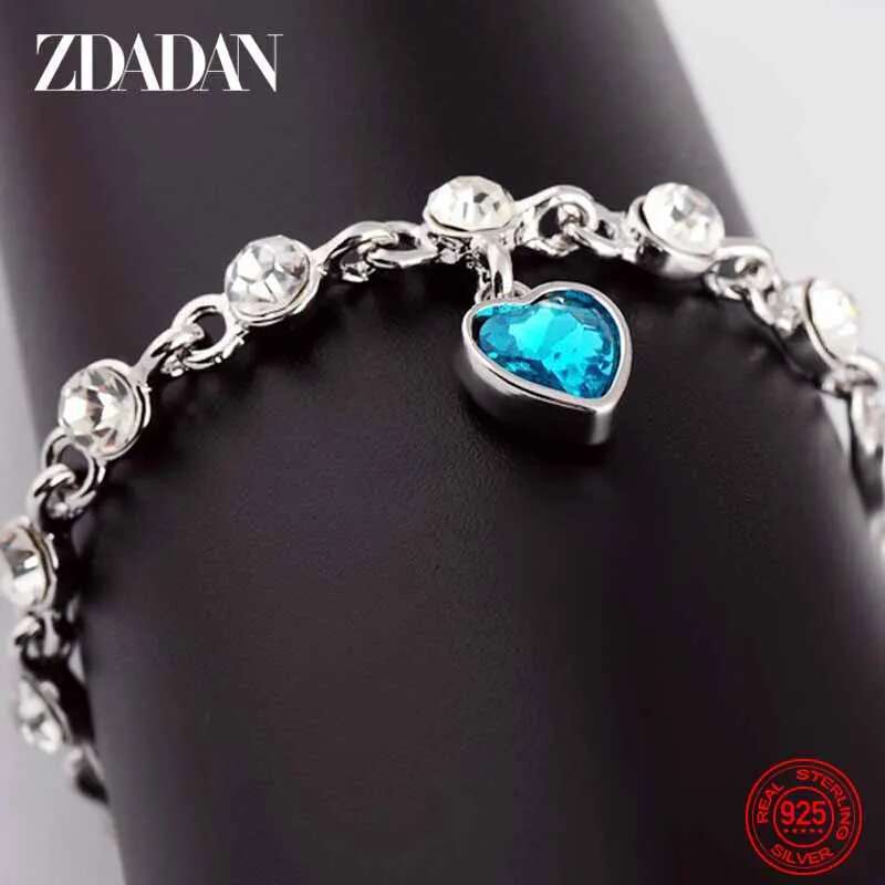 ZDADAN Sterling Sier Charm Sapphire Heart Bracelet Chain For Women Fashion Engagement Party Jewelry Gift