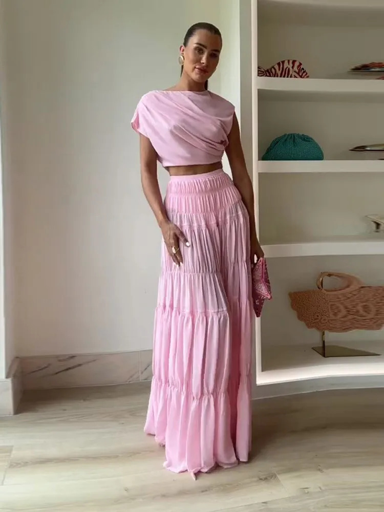 Women Two Piece Set Solid Beach Oblique Shoulder Skirt Strapless Crop Top Ruffles Suit Summer Female Outfits 250515