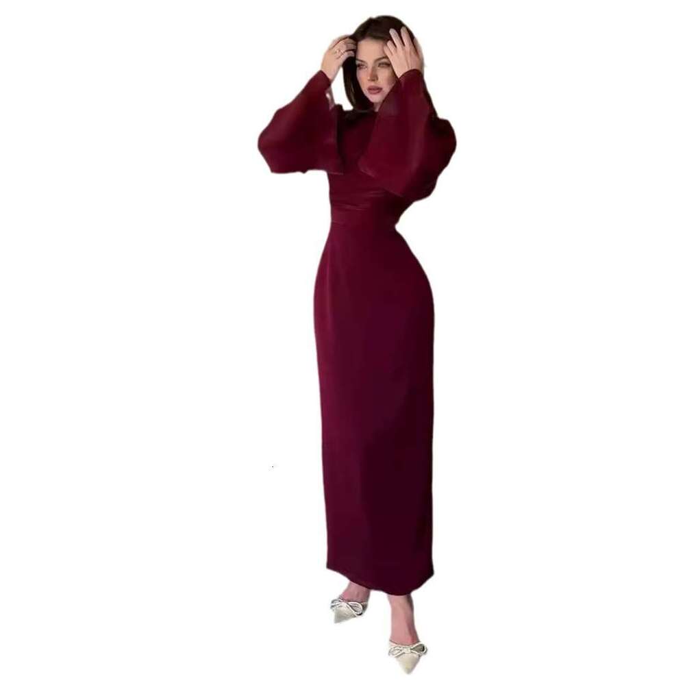 2024 Solid Color Simple Waist Sexy Bag Hip Skirt Long Sleeve Wrinkle Elegant High End Dress