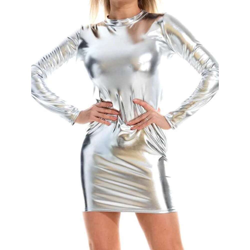 Sexy Shiny Gilding PU Patent Leather Slim Bodycon Women Long Sleeves Solid Color Skinny Dress Elegant Club Party Vestidos