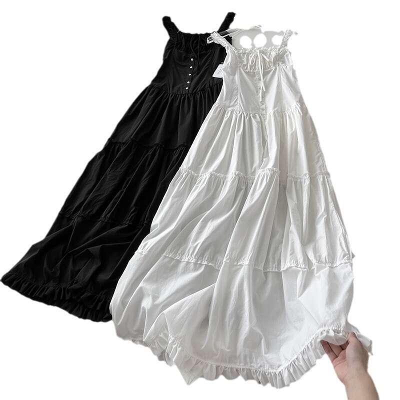 White Dress Maxi Dress Summer New Lazy Vacation Style Pleated Edge Front Button Design Extra Long High-End Goddess Dress, Big Swing Skirt KQ