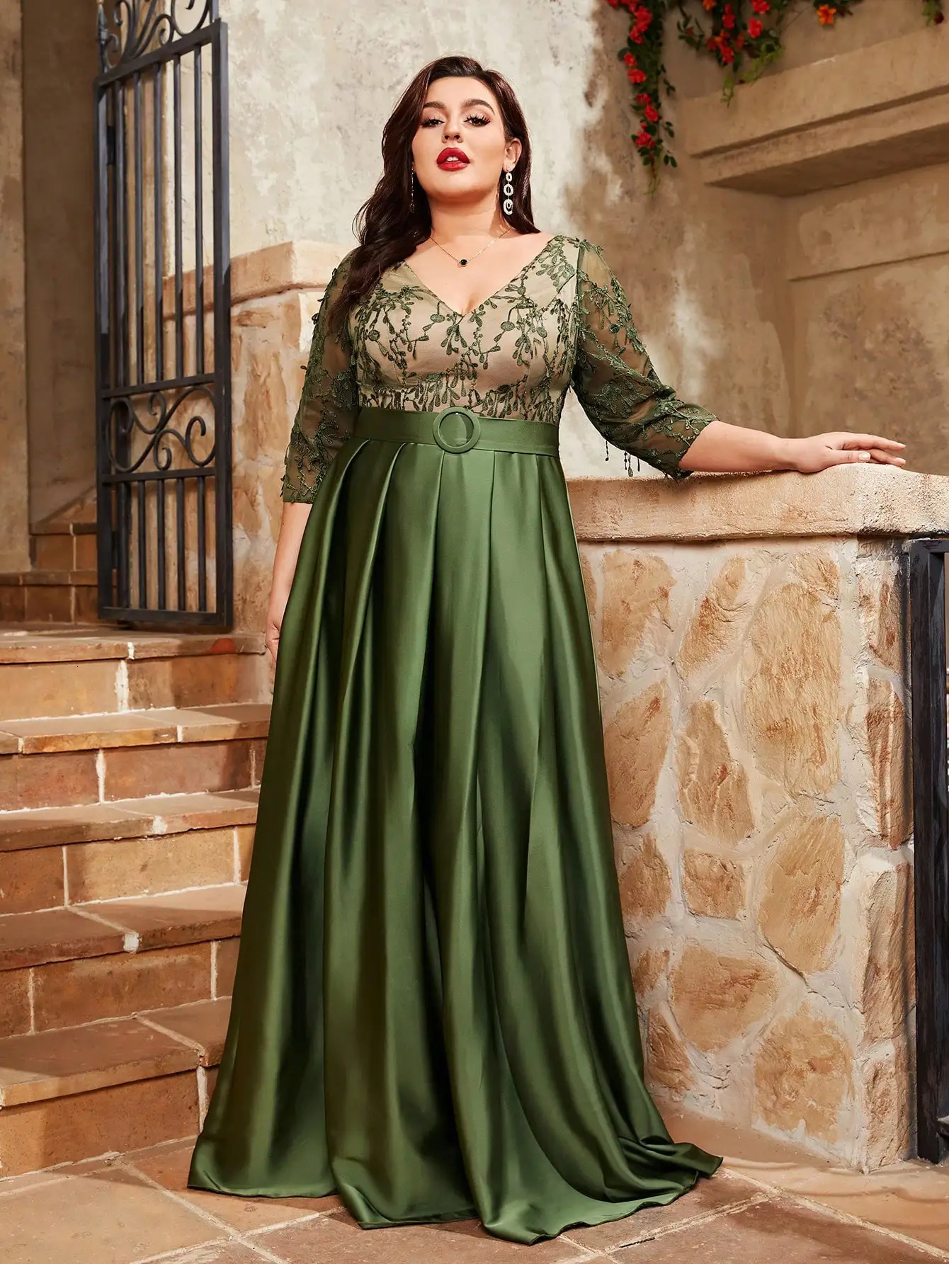 Mgiacy plus size Vneck impregnated lace long sleeved color contrast patch work satin border buckle full skirt 250506
