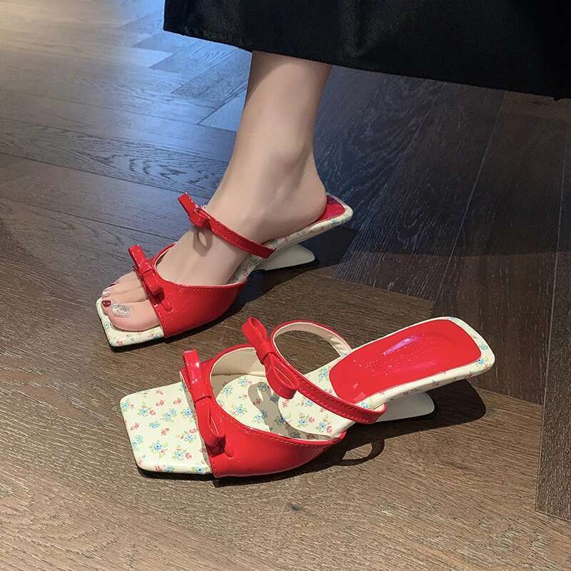 Women's Summer New High Heels Square Head Open Toe Bow Sandals Casual Fashion Sweet Anomalous Slippers