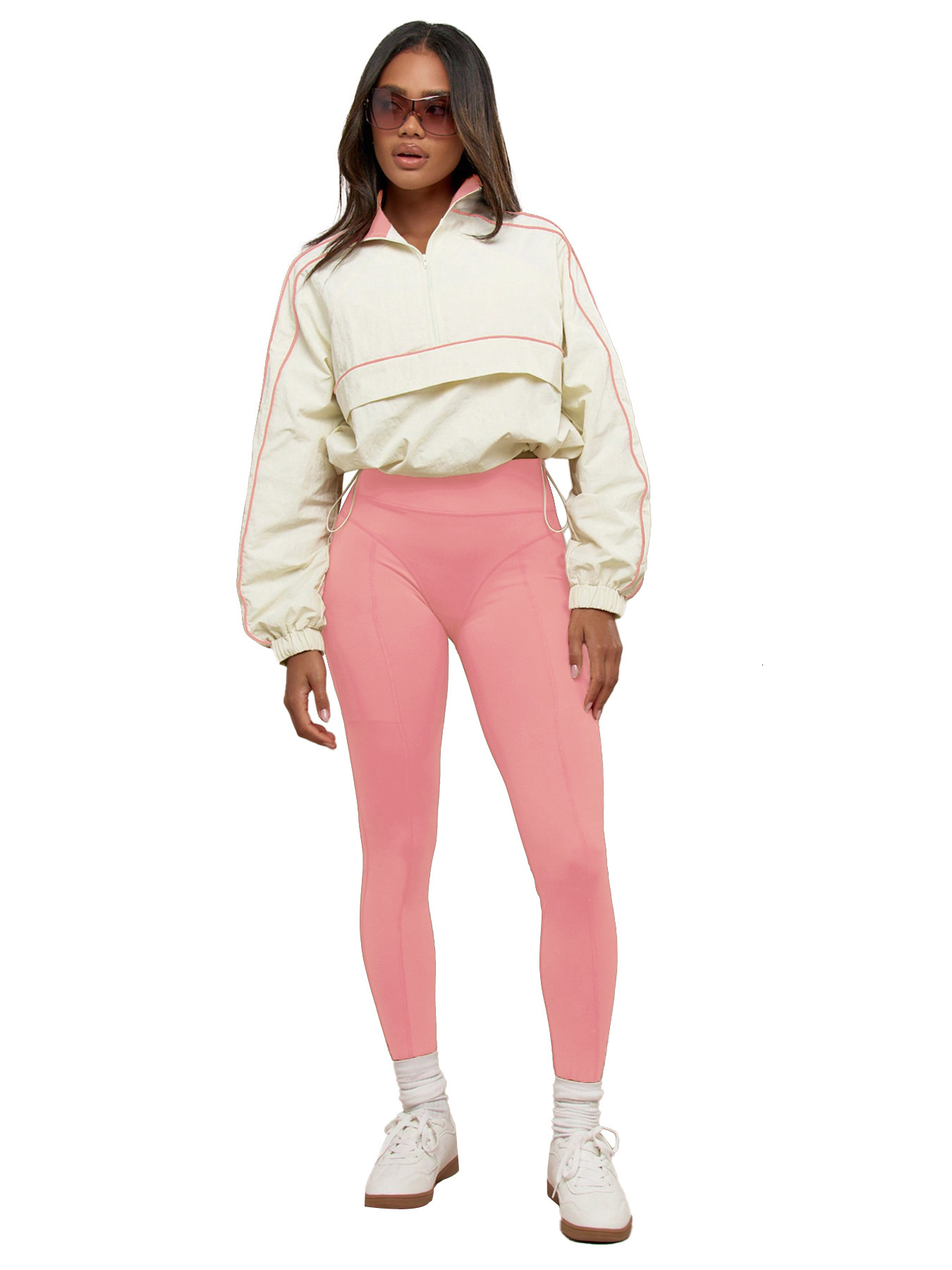 HR25081 Fashion Womens Drawstring Waist Nylon Top Yoga Pants Sports and Leisure Two Piece Set