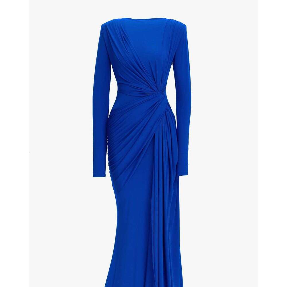 2023 autumn new round neck pleated design slim fit high waist, hip hugging long sleeved dress
