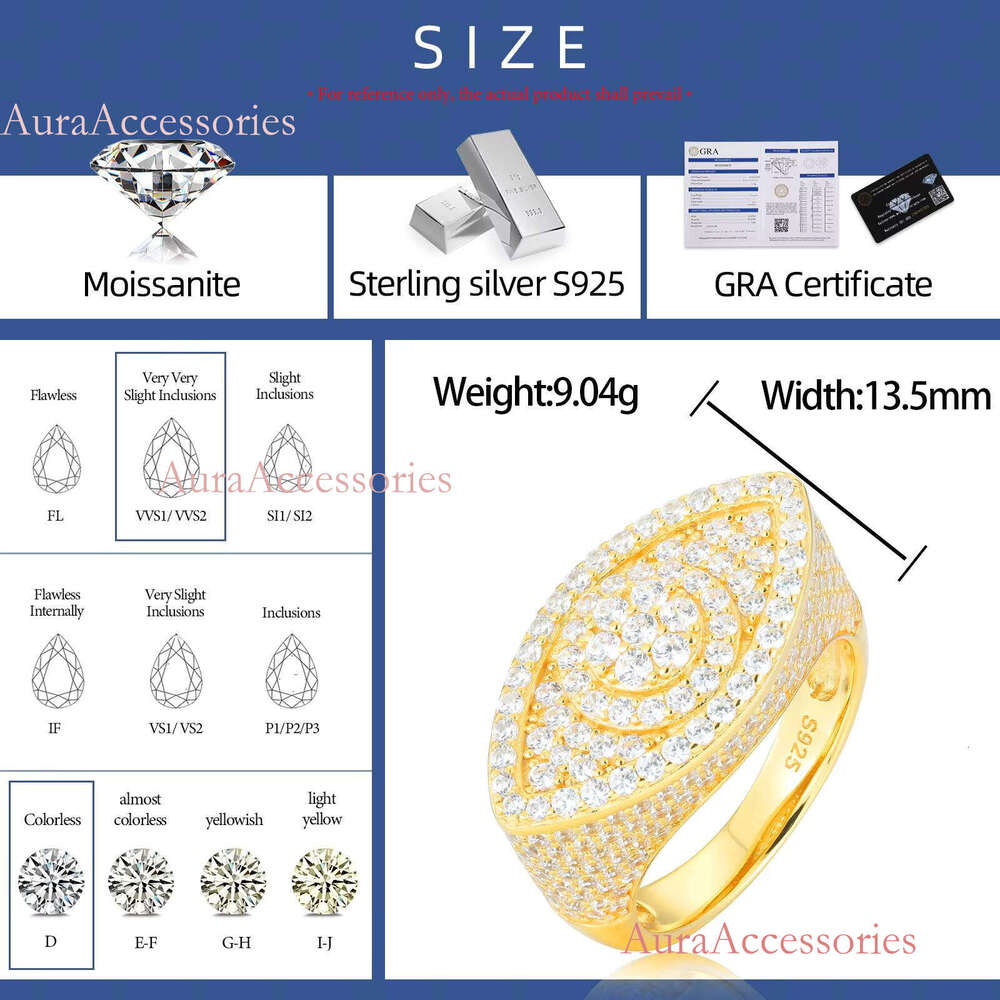 Hiphop Mens Fine Jewelry Gold Plated Sterling Sier VVS Moissanite Dia Evil Eye Ring With GRA Certificate