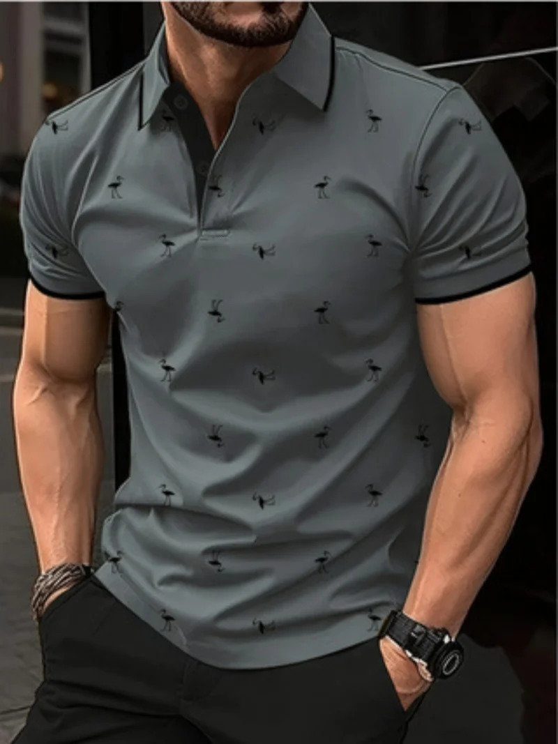 2025 Europe and the United States mens summer fashion 3D lapel Flamingos fashion printed street short-sleeved top 250515