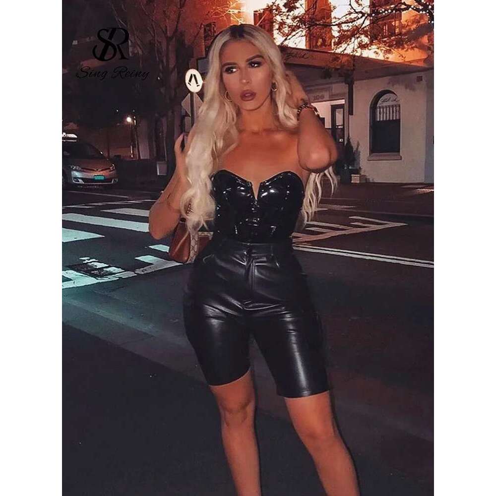 SINGREINY Strapless PU Leather Sexy Bodysuits Ladies Zipper Design Bodycon Top Fashion Streetwear Open Crotch Sensual Playsuits