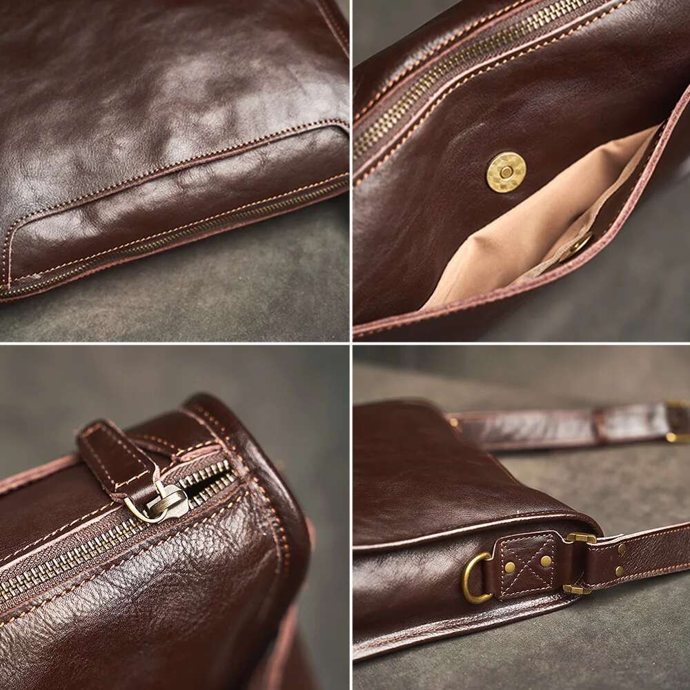 Genuine Men Shoulder Cowhide Leather Crossbody Casual College Style Messenger 12.9 Inch Laptop Bag