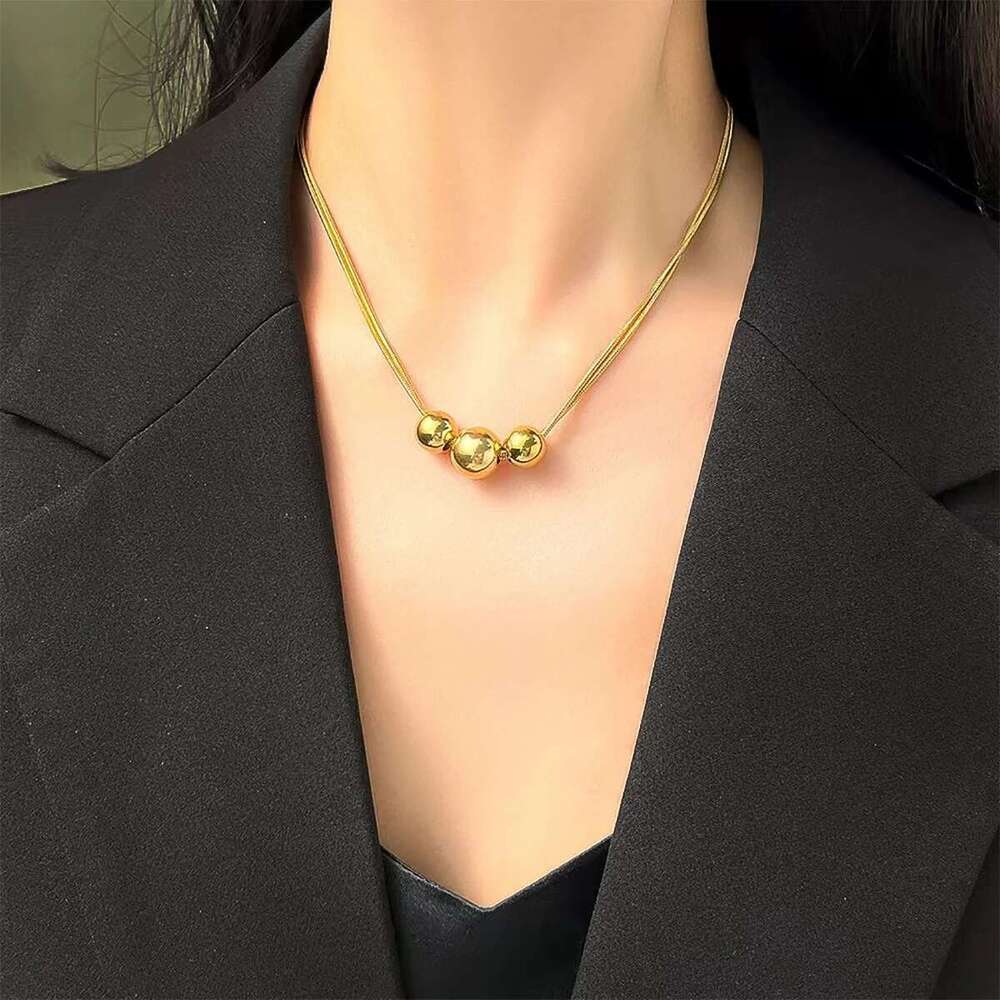 GANEMLY 316L Stainless Steel Beads Balls Necklace Earrings For Women Fashion Party Gift Gold Plated Waterproof Jewelry Set