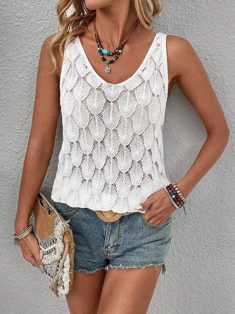 Fashionable and elegant vest womens feather shaped hollow knit sweater summer top 250506