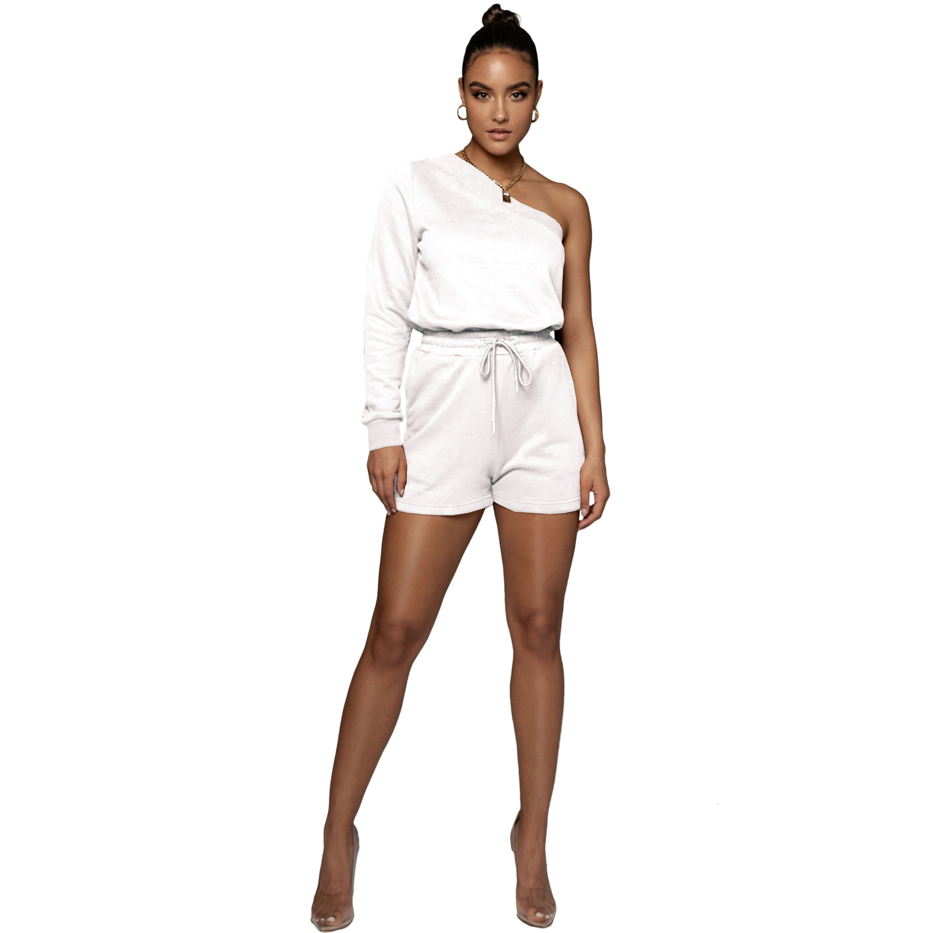 F157 diagonal shoulder irregular sweater Shorts Set fashion leisure sports suit two piece set women