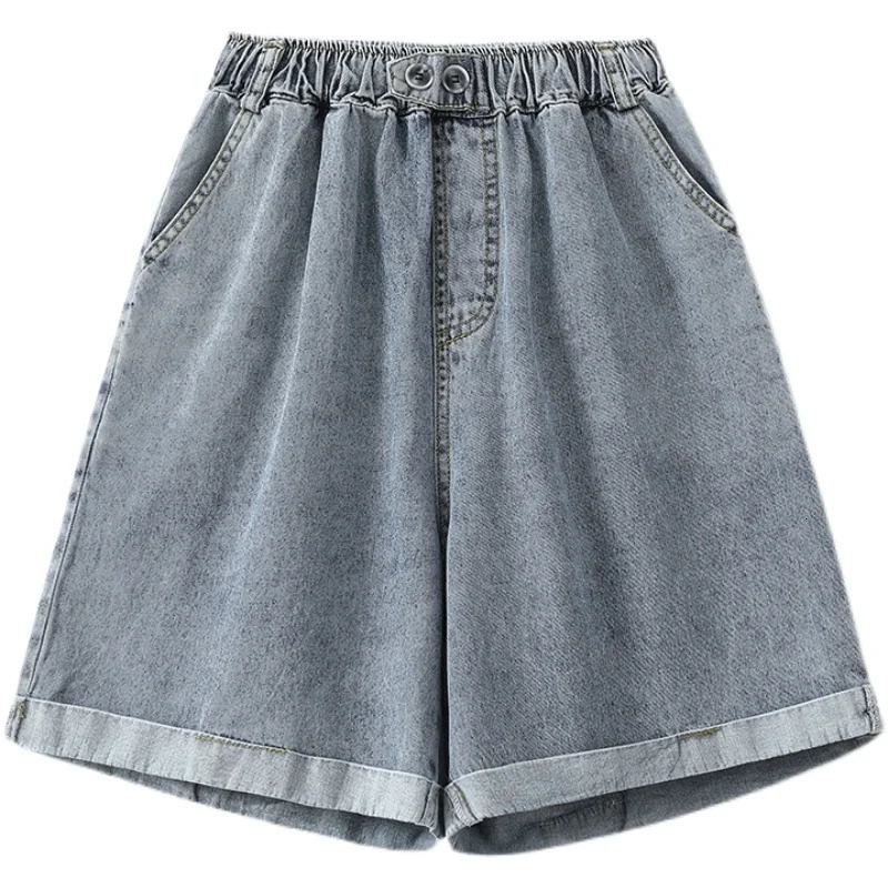 Plus Size Shorts For Women Summer Arrivals High Elastic Waist Crimping Wide Leg Loose Streetwear Blue Jeans Shorts 250514