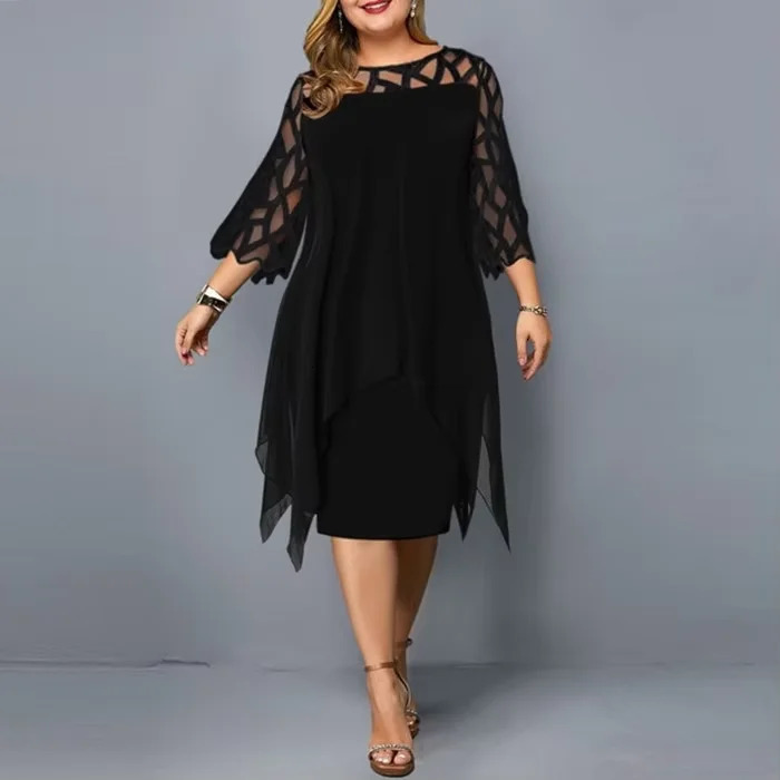 Purple Plus Size Dress for Women Fashion Lace Sleeve Midi Dress Autumn Winter Elegant Round Neck Christmas Party Dress 250509