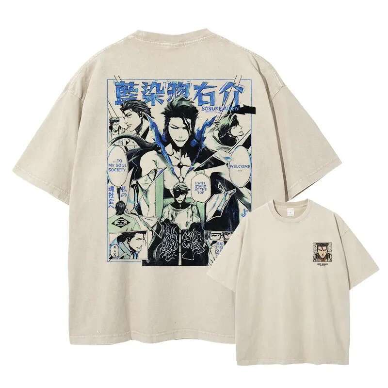 Grimmjow Aizen Ichigo T-shirt Anime Vintage Washed T Shirts Streetwear Rukia Kenpachi Manga Oversized Short Sleeve Tops Tees