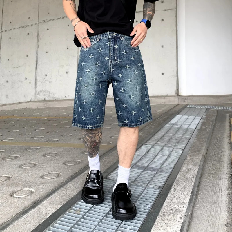 American Highquality Jacquard Denim Shorts Mens Summer High Street Loose Versatile Straightleg Casual Fivepoint Pants 250515