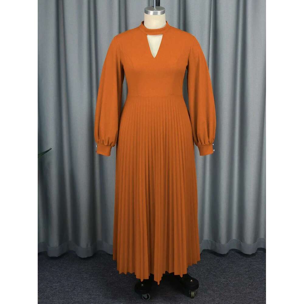 Plus Size Women Brown Maxi Pleated Party Dress Long Lantern Sleeve O Neck Cut Out Chest A-line Formal Church Robes New Gown 2024